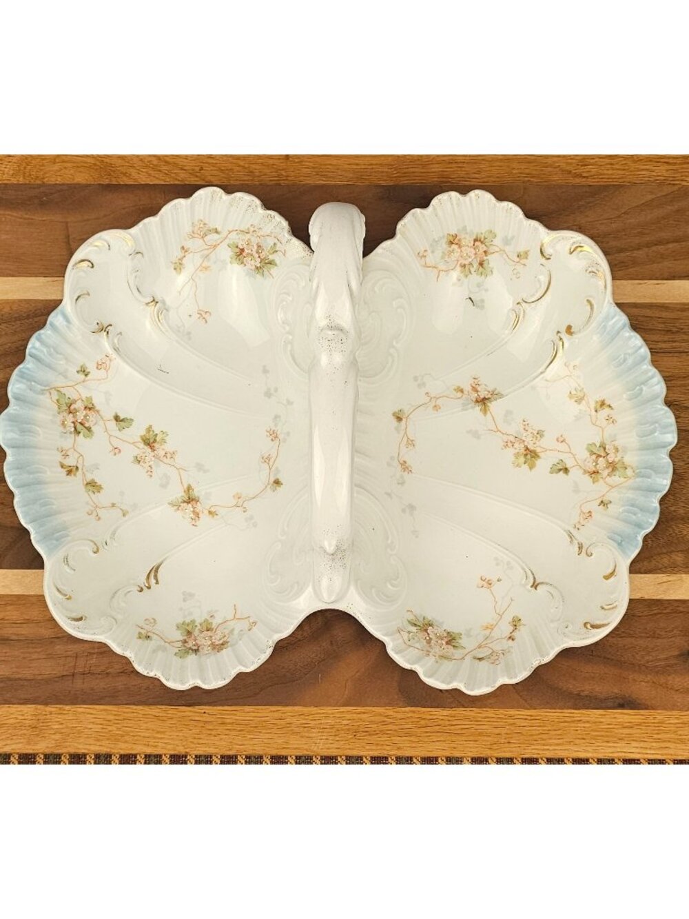 Antique KPM Porcelain Divided Relish Dish With Handle - Floral Design Scalloped